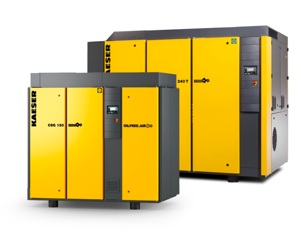 Two yellow industrial air compressors