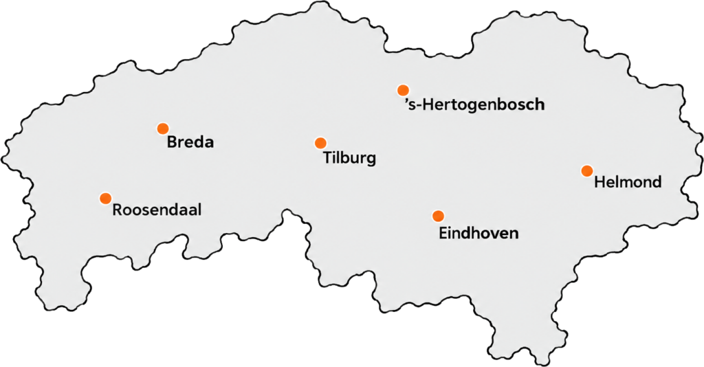 Werkgebied compressor service Noord-Brabant met Eindhoven, Tilburg, Breda, 's-Hertogenbosch en Helmond